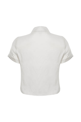 Beyaz Audrey Saf İpek Kısa Kollu Önden Bağlamalı Gömlek