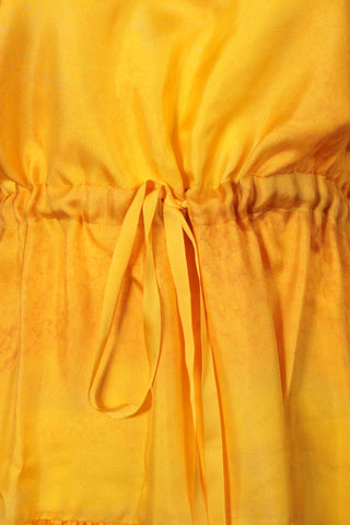 Sarı Nature Desenli  İpek Yuvarlak Yaka Kolsuz Elbise