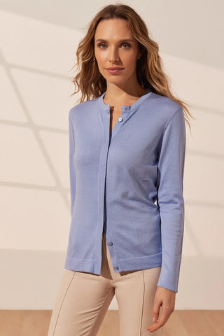 Açık Mavi İpek ve Kaşmir Aleyna Yuvarlak Yaka Uzun Kollu Kadın Hırka Silk and Cashmere