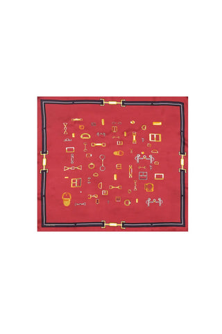 Bordo Saf ipek At Obje Desenli  Kadın Kare Eşarp 90 x 90 cm Silk and Cashmere