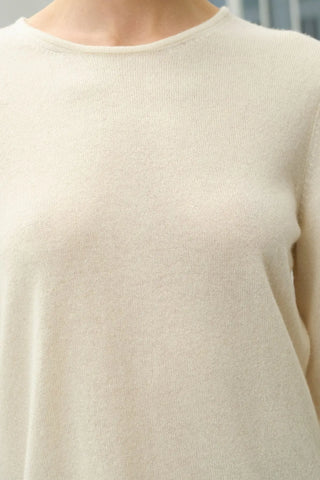 Ekru Saf Kamir Yuvarlak Yaka Uzun Kollu Kazak Silk and Cashmere