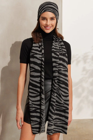 Gri Kaşmir Yün Zebra Baskılı Atkı 35 x 195 cm Silk and Cashmere