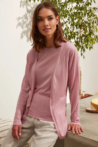 Gül Kurusu İpek Pamuk Melinda Düğmesiz Rahat Kesim Uzun Kollu Yazlık Hırka Silk and Cashmere