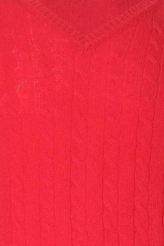 Kırmızı Amerigo Avustralya Yünü Kaşmir Saç Örgülü V Yaka Uzun Kollu Erkek Kazak Silk and Cashmere
