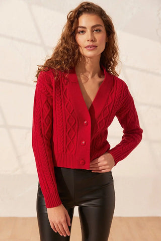 Kırmızı Saf Yün Stella Saç Örgülü V Yaka Uzun Kollu Kadın Hırka Silk and Cashmere