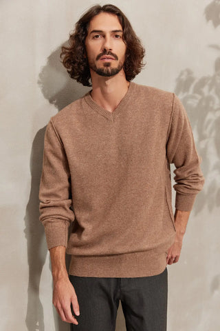 Koyu Bej Kaşmir ve Avustralya Yünü Erson Ters Dikiş Detaylı V Yaka Uzun Kollu Erkek Kazak Silk and Cashmere