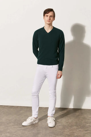 Koyu Yeşil Saf Kaşmir V Yaka Uzun Kollu Vincent Erkek Kazak Silk and Cashmere