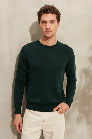 Koyu Yeşil Saf Kaşmir Yuvarlak Yaka Uzun Kollu Vincent Kazak Silk and Cashmere