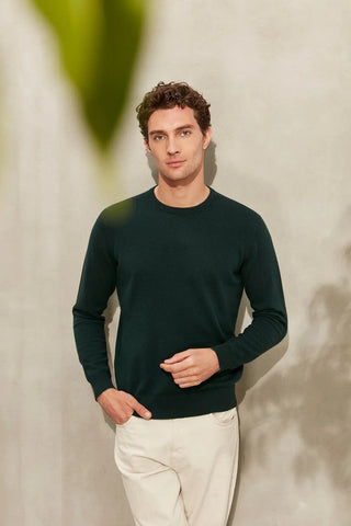 Koyu Yeşil Saf Kaşmir Yuvarlak Yaka Uzun Kollu Vincent Kazak Silk and Cashmere