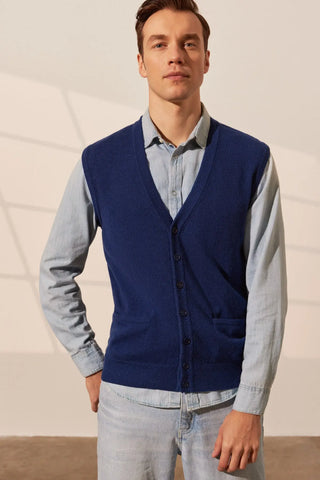 Lacivert Jan Saf Kamir V Yaka Erkek Yelek Silk and Cashmere