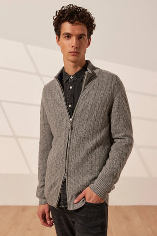 Orta Gri Melanj Amerigo Avustralya Yünü Kaşmir Saç Örgülü Yarım Balıkçı Yaka Uzun Kollu Fermuarlı Erkek Hırka Silk and Cashmere