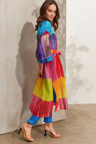 Renkli pekli Blok Desenli Uzun Kimono Silk and Cashmere