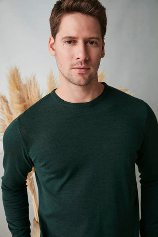 Yeşil İpek Karışımlı Uzun Kollu Quentin Yuvarlak Yaka Erkek Kazak Silk and Cashmere