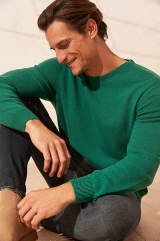 Yeşil Saf Kaşmir  Vincent Yuvarlak Yaka Uzun Kollu Erkek Kazak Silk and Cashmere