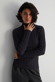 Siyah Maggie Saf Kaşmir Yarım Balıkçı Ribanalı Kazak