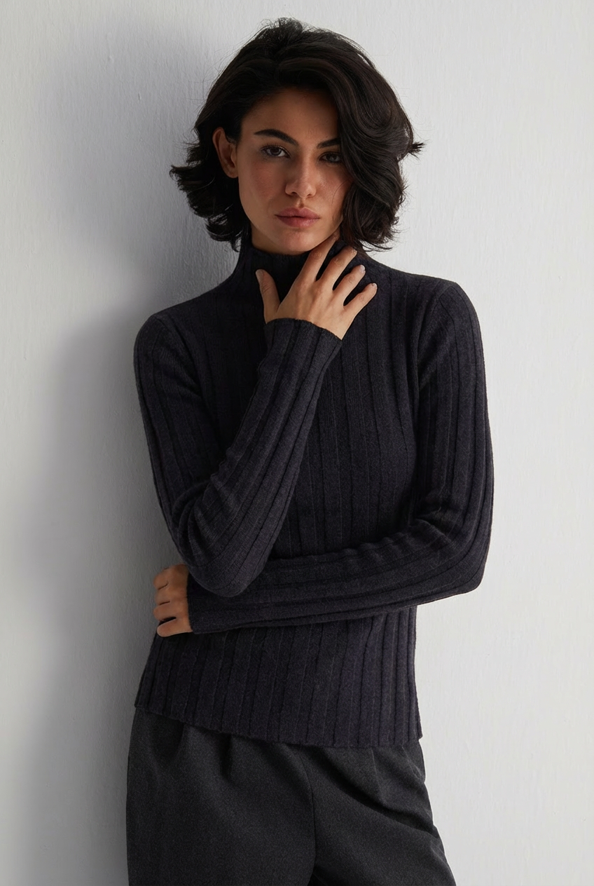 Siyah Maggie Saf Kaşmir Yarım Balıkçı Ribanalı Kazak