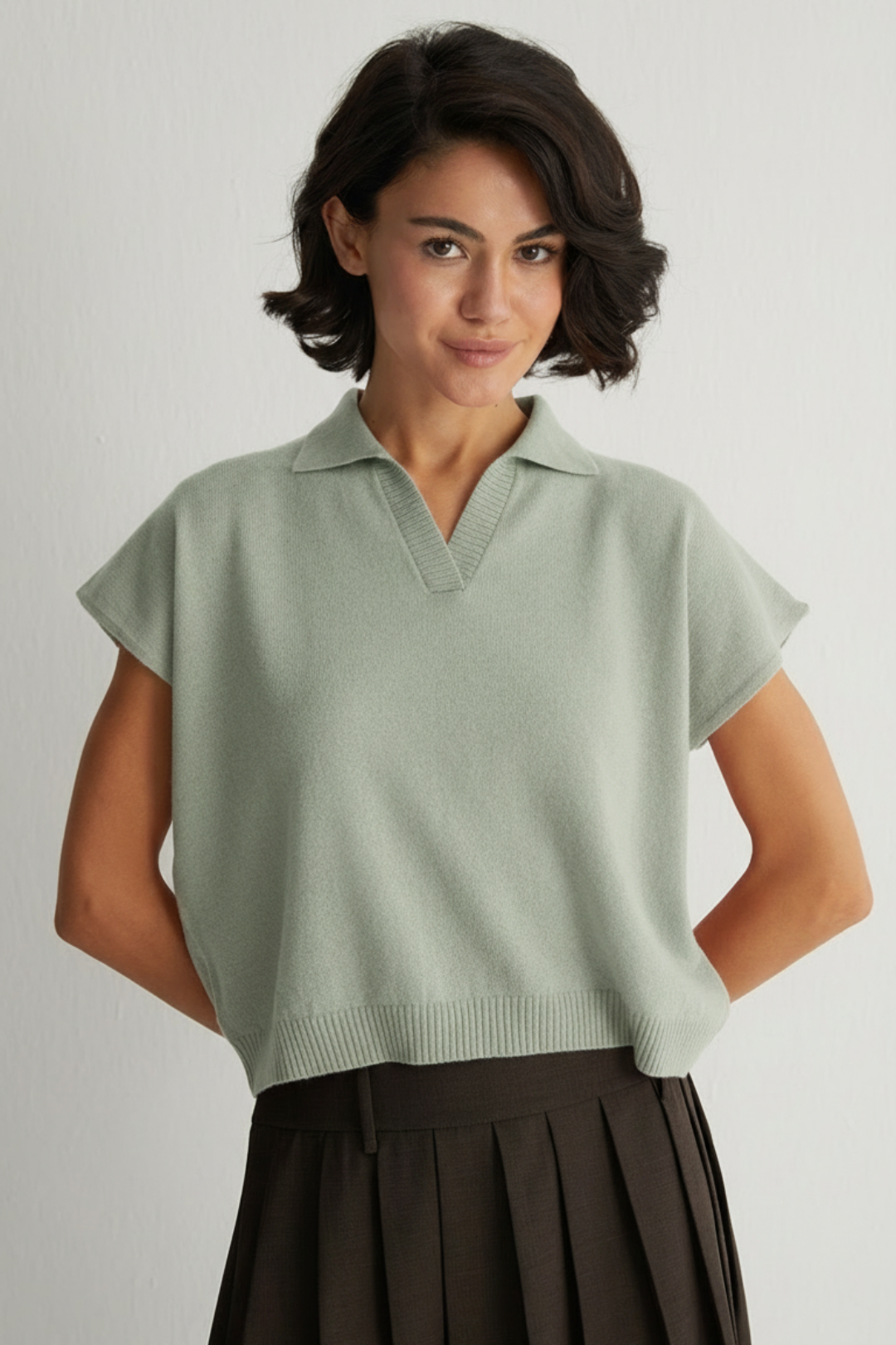 Adaçayı Yeşili Vanessa Saf Kaşmir Kısa Kollu Polo