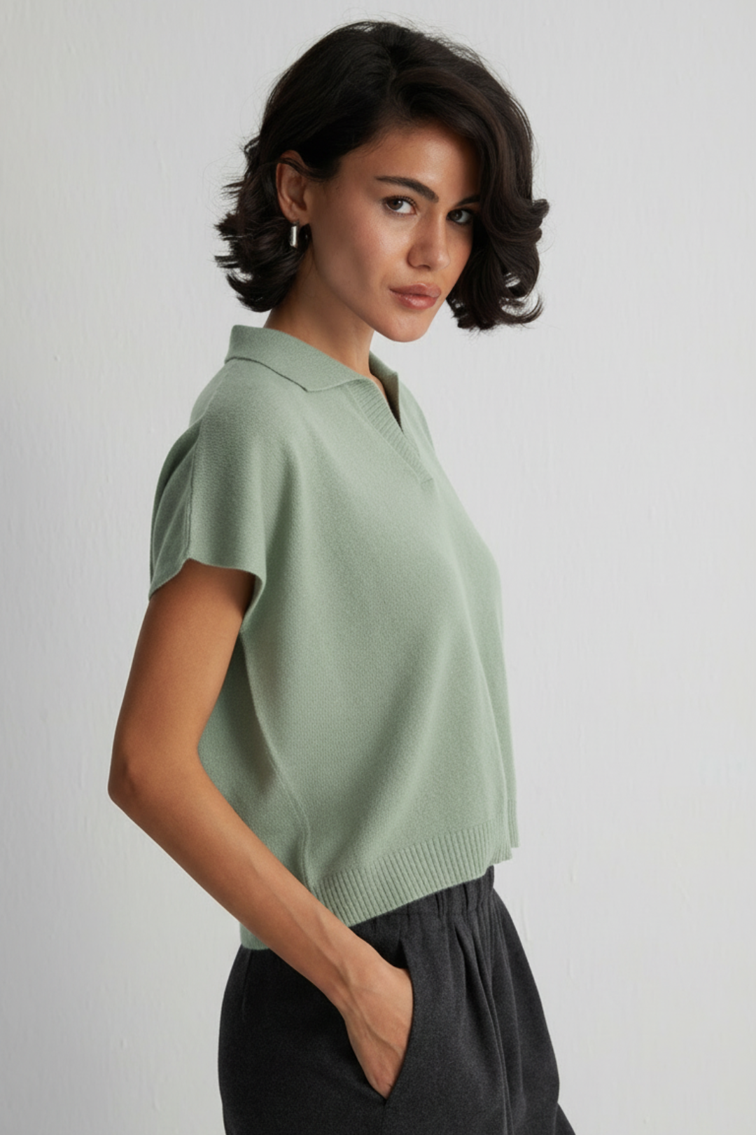 Adaçayı Yeşili Vanessa Saf Kaşmir Kısa Kollu Polo