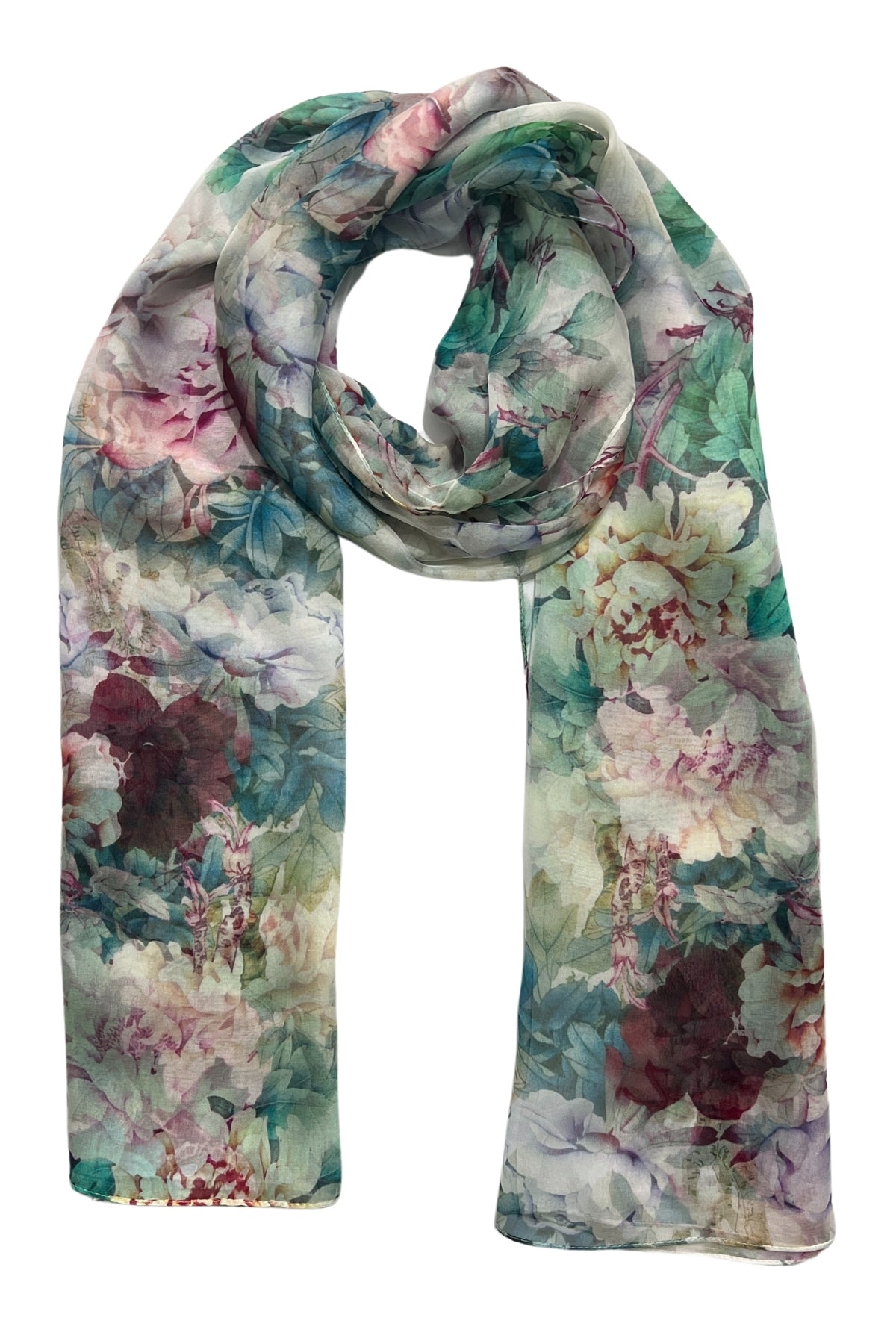 Renkli Anabel Saf İpek  Şifon Baskılı Oblong Şal 180x110