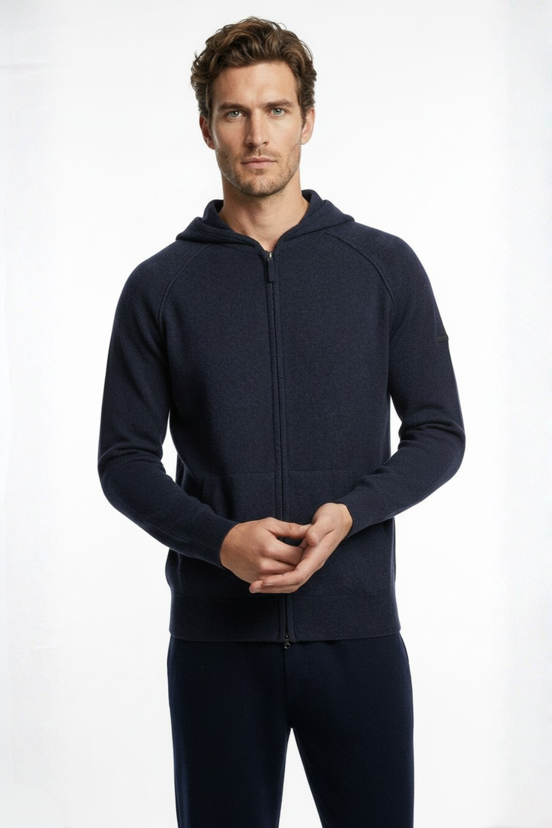 Lacivert David Saf Kaşmir Kapüşonlu Erkek Hırka