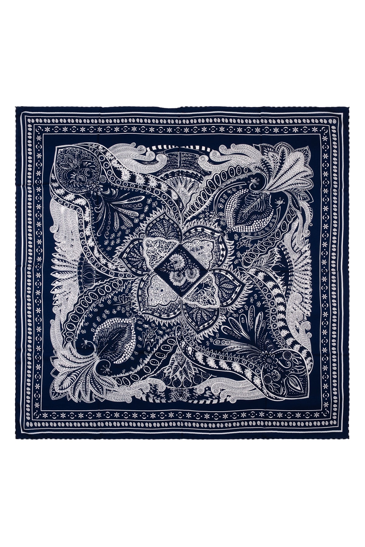 Lacivert Beyaz Linda Kaşmir Desenli Kare Eşarp 140x140 cm