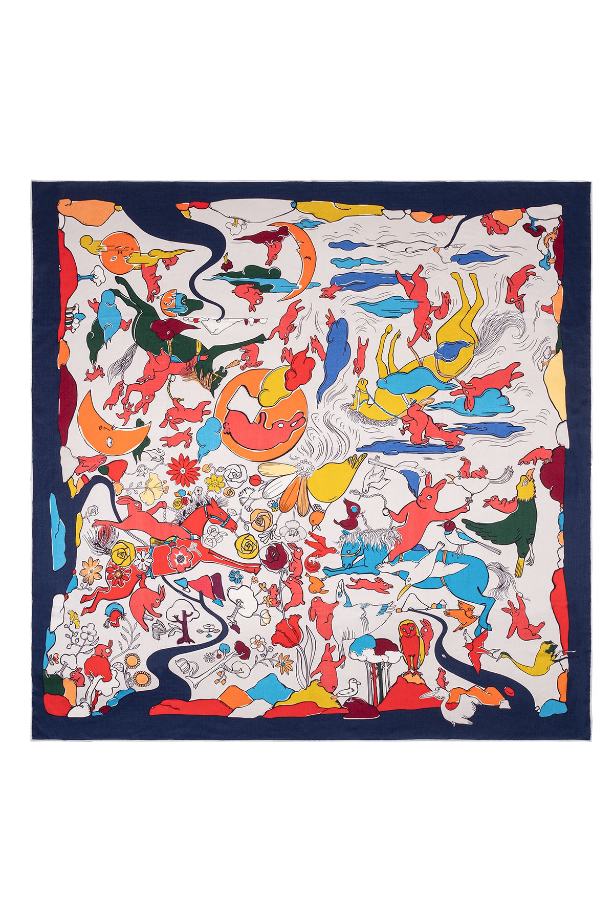 Lacivert-Kırmızı Linda Saf Kaşmir Baskılı Eşarp 140x 140 cm