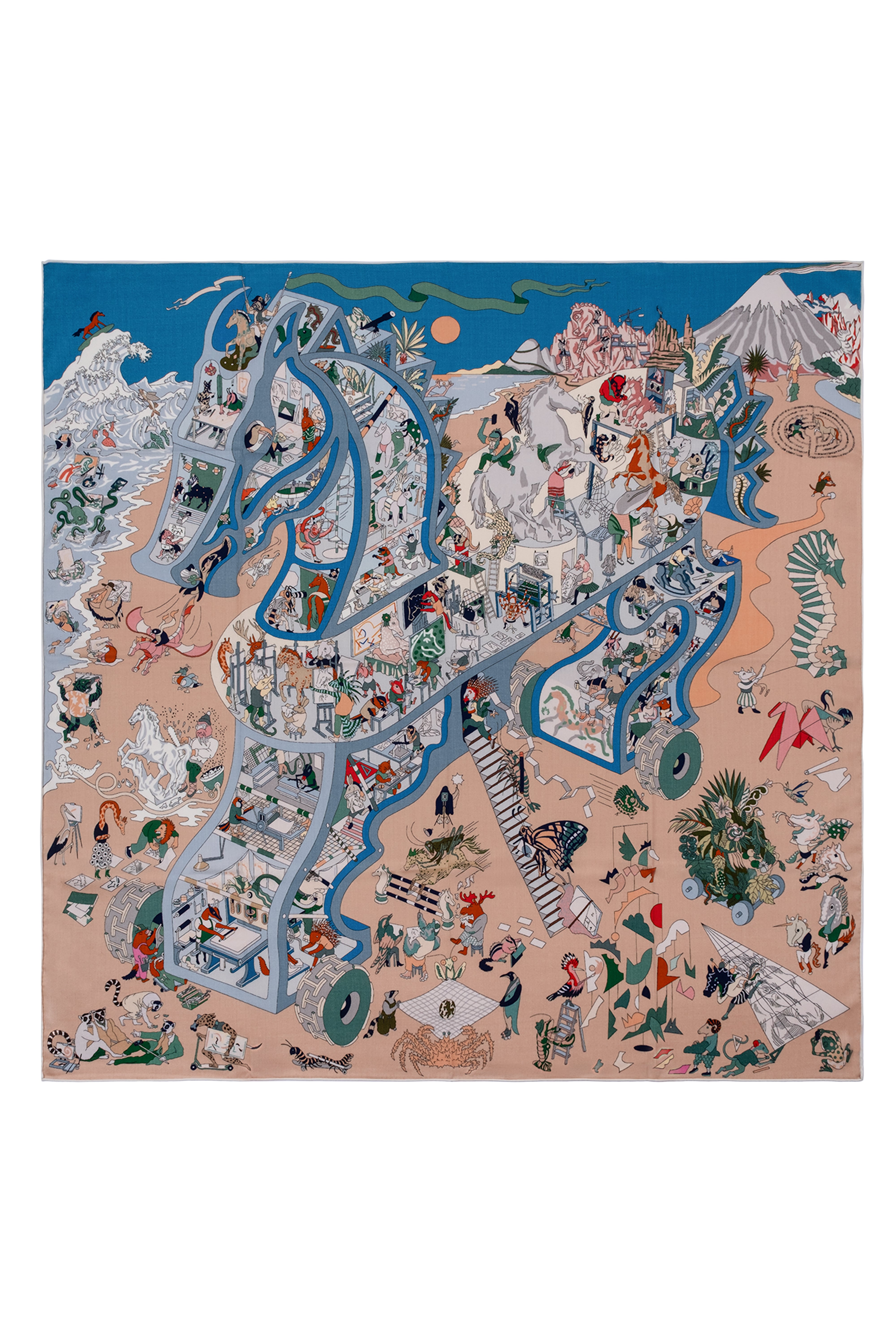 Bej Yeşil Linda Kaşmir Desenli Kare Eşarp 140x140  cm