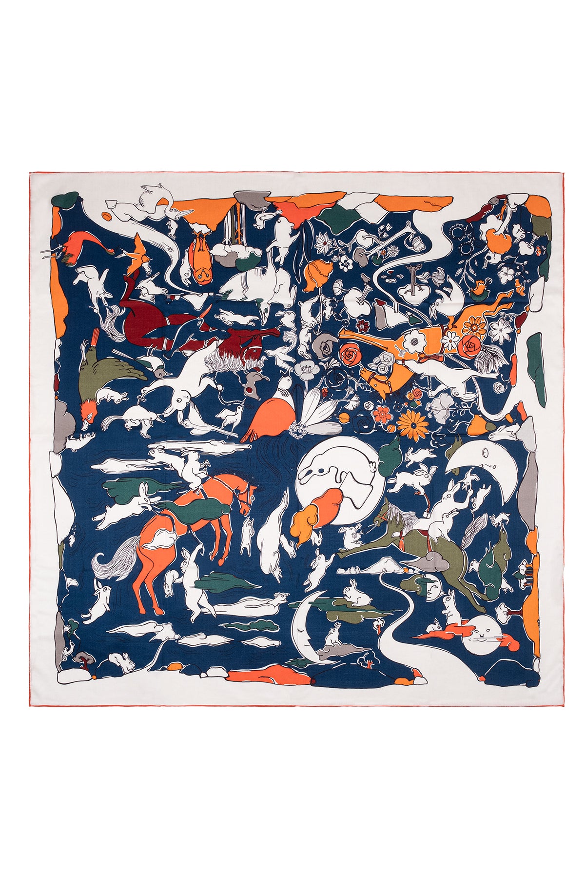 Turuncu Lacivert Linda Saf Kaşmir Baskılı Eşarp 140x 140 cm