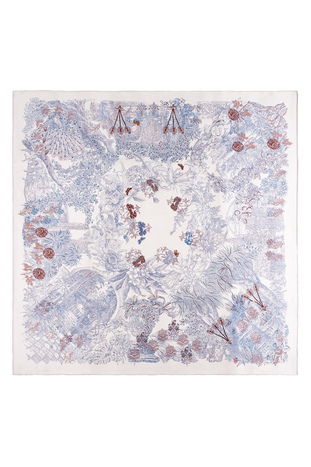 Beyaz Lina Saf İpek Baskılı Kare Eşarp 140x140