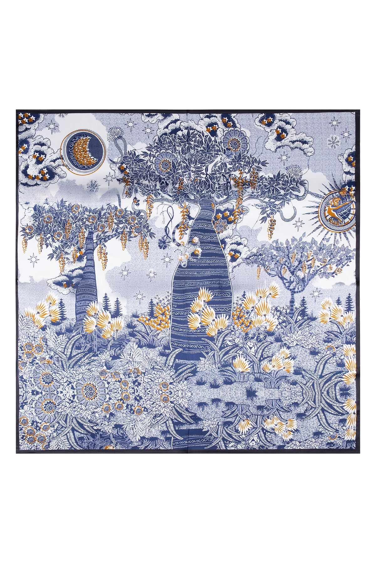 Camel Lacivert Lara Saf İpek Desenli Kare Eşarp 90x90 cm