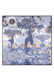 Camel Lacivert Lara Saf İpek Desenli Kare Eşarp 90x90 cm