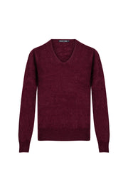 Bordo Brushed Saf Kaşmir V Yaka Kazak