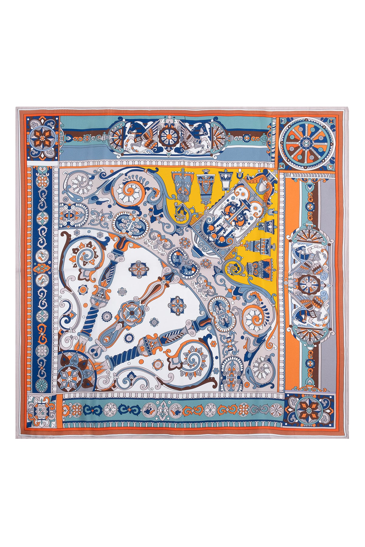 Kahve Mavi Lara Saf İpek Baskılı Eşarp 90x90 cm