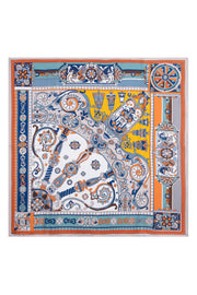 Kahve Mavi Lara Saf İpek Baskılı Eşarp 90x90 cm