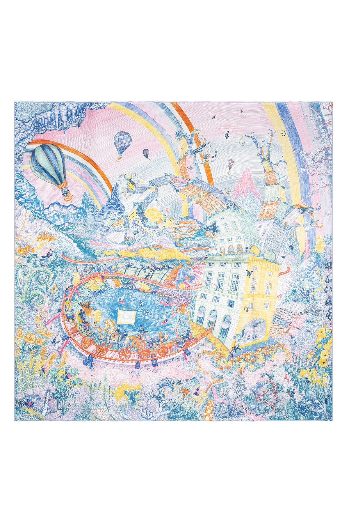 Pembe Mavi Lara Saf İpek Baskılı Eşarp 90x90 cm