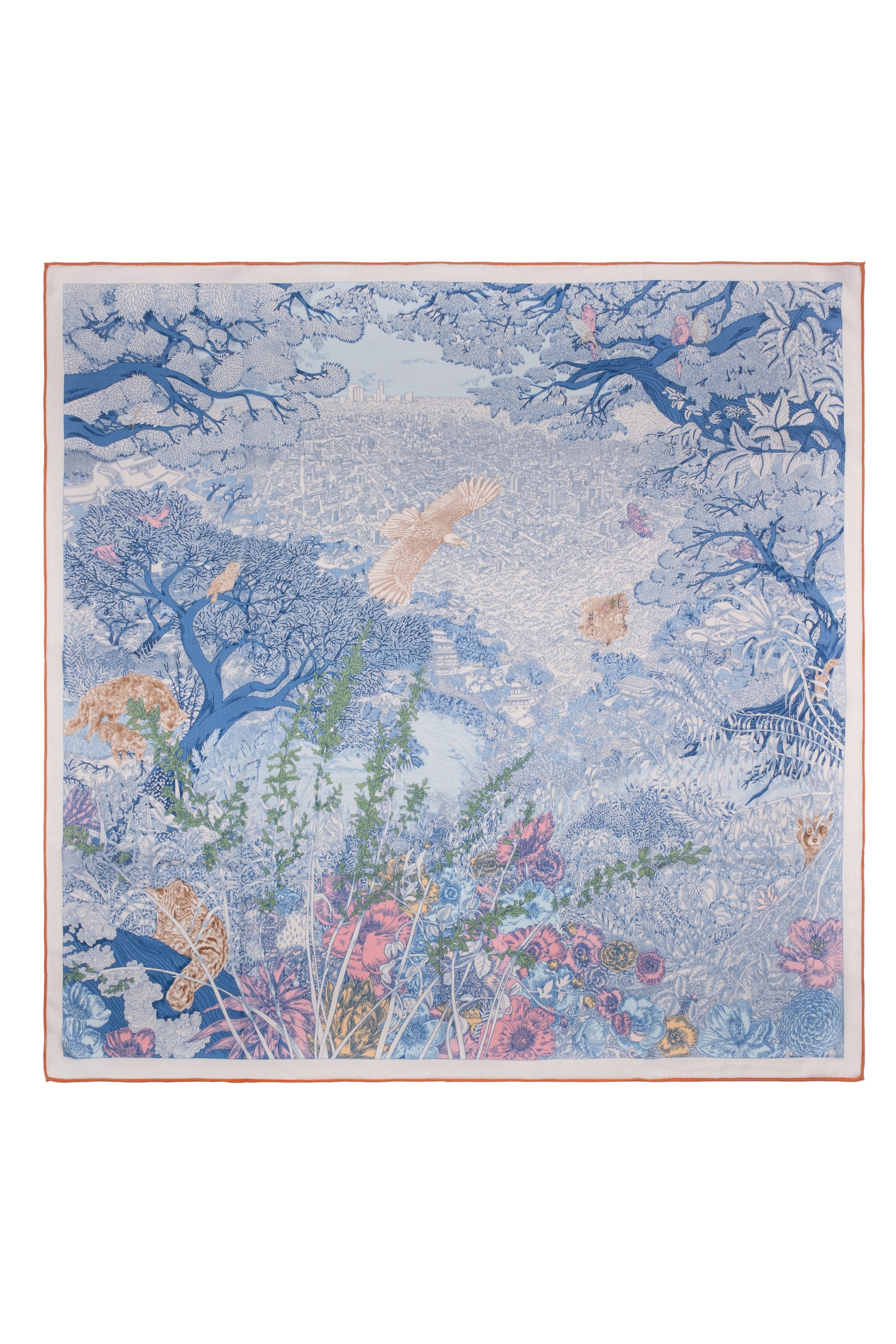 Turuncu Mavi Linda Saf Kaşmir Desenli Kare Eşarp 140x140 cm