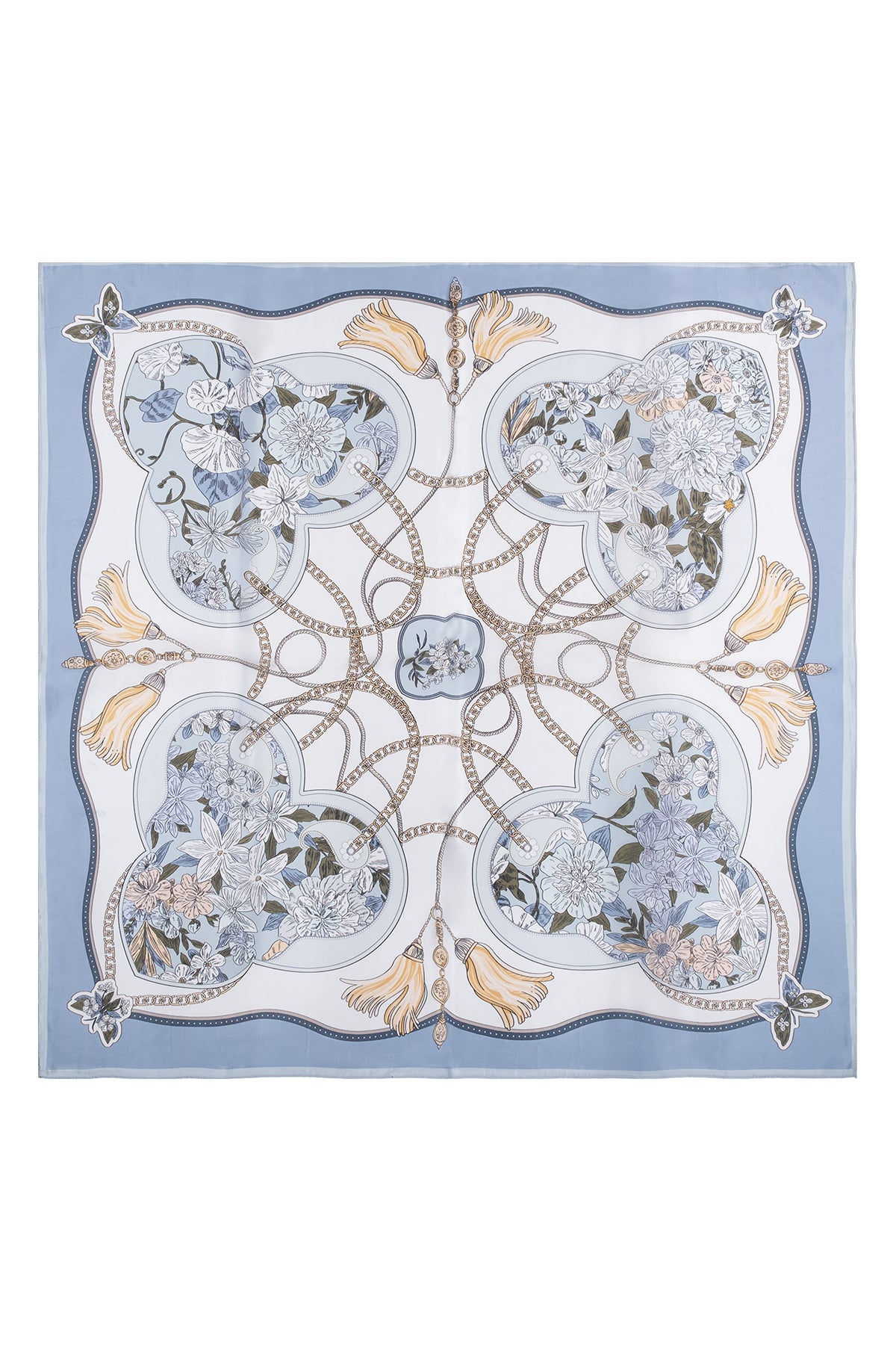 Mavi Ekru Lara Saf İpek Baskılı Eşarp 90x90 cm