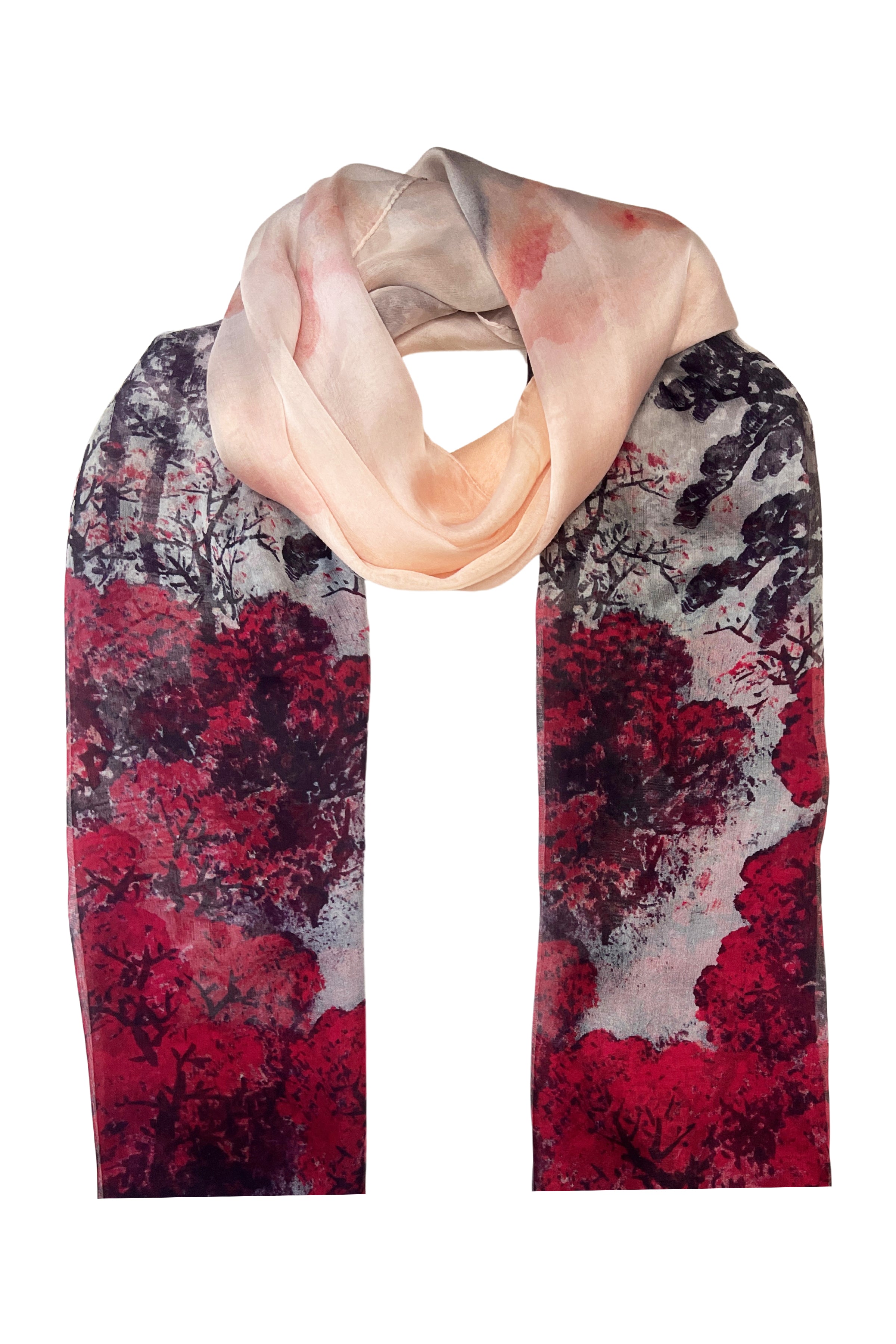 Kırmızı Anabel Saf İpek  Şifon Baskılı Oblong Şal 180x110