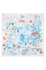 Açık Mavi Beyaz Lara Saf İpek Baskılı Eşarp 90x90 cm