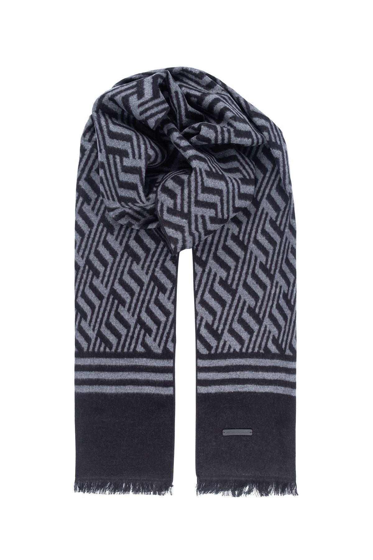 Siyah Gri Lotus Saf İpek Desenli Atkı 30*177+2cm