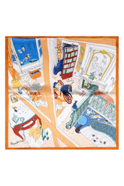 Turuncu Beyaz Laila Saf İpek Kare Eşarp 50x50 cm