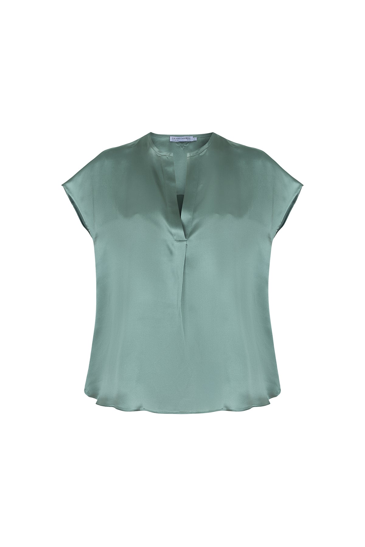 Adaçayı Yeşili Monica Saf İpek V Yaka Kısa Kollu Bluz