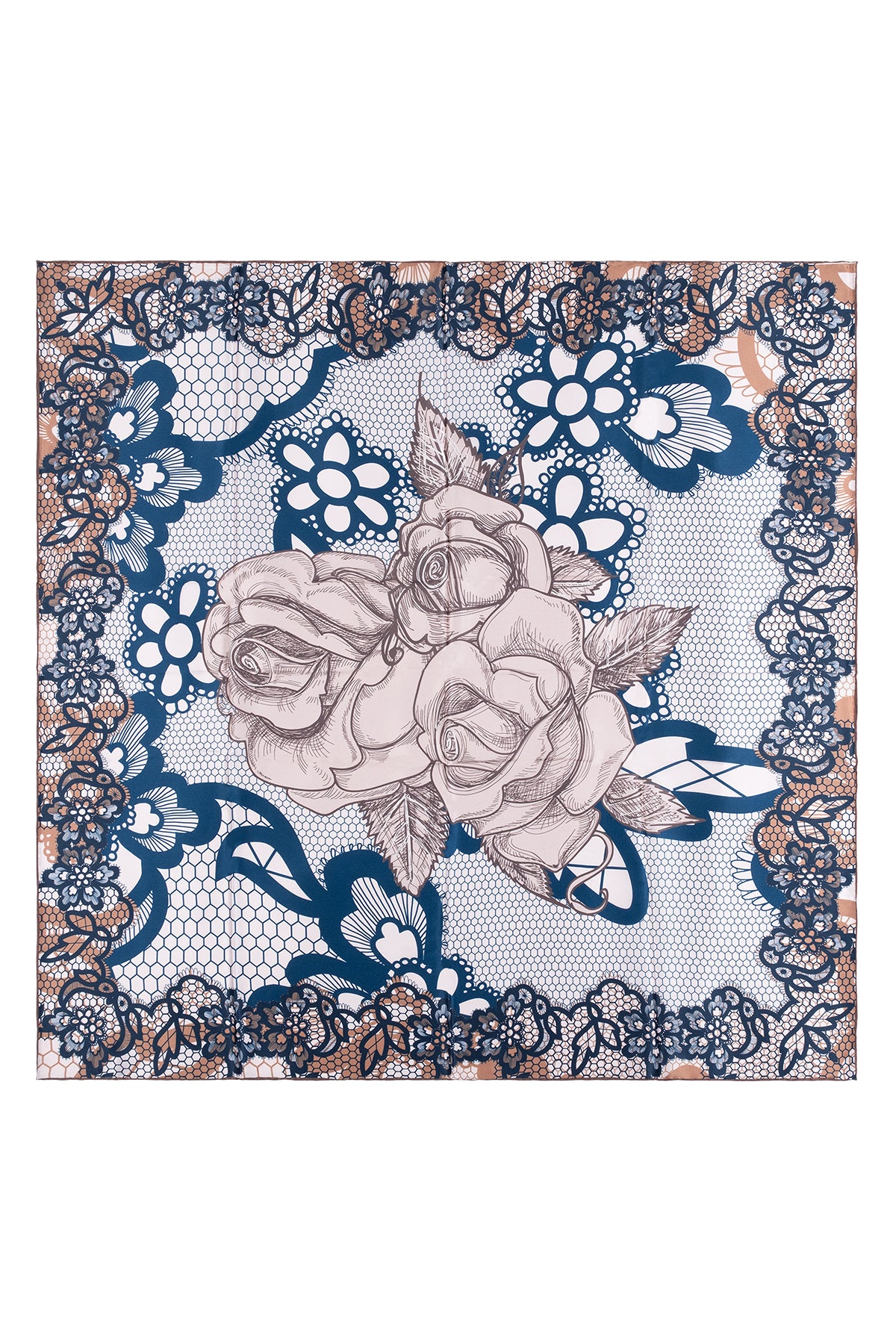 Mavi Bej Leonore İpek Desenli Kare Eşarp 110x110 cm