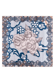 Mavi Bej Leonore İpek Desenli Kare Eşarp 110x110 cm