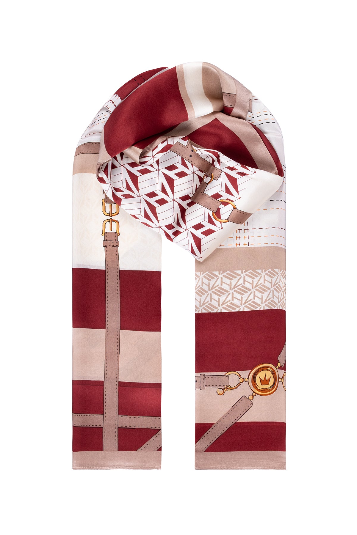 Bordo Bej Luciana İpek Desenli Fular 55x170 cm