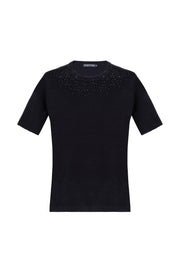 Siyah Merill Taşlı Yuvarlak Yaka Kısa Kollu Triko