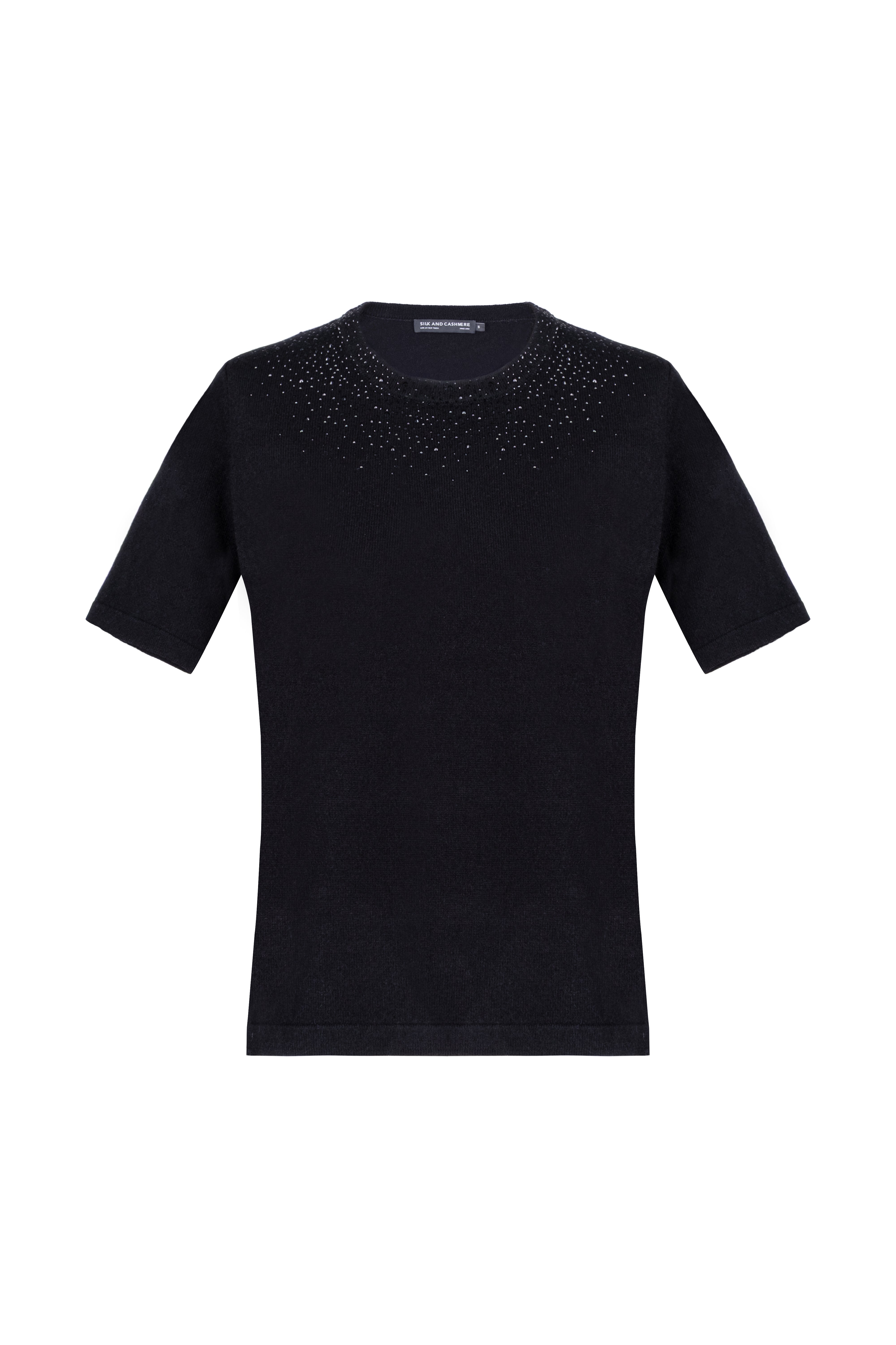 Siyah Merill Taşlı Yuvarlak Yaka Kısa Kollu Triko