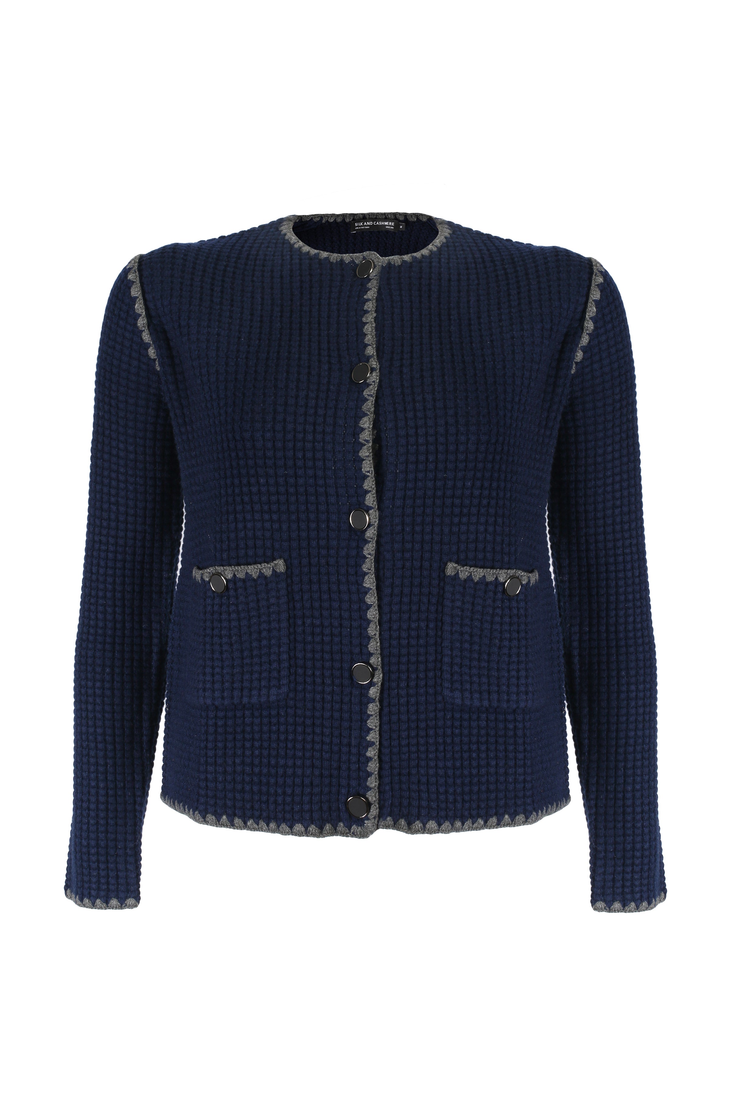 Lacivert Kaşmir Yün Giselle Yuvarlak Yaka Dokulu Hırka