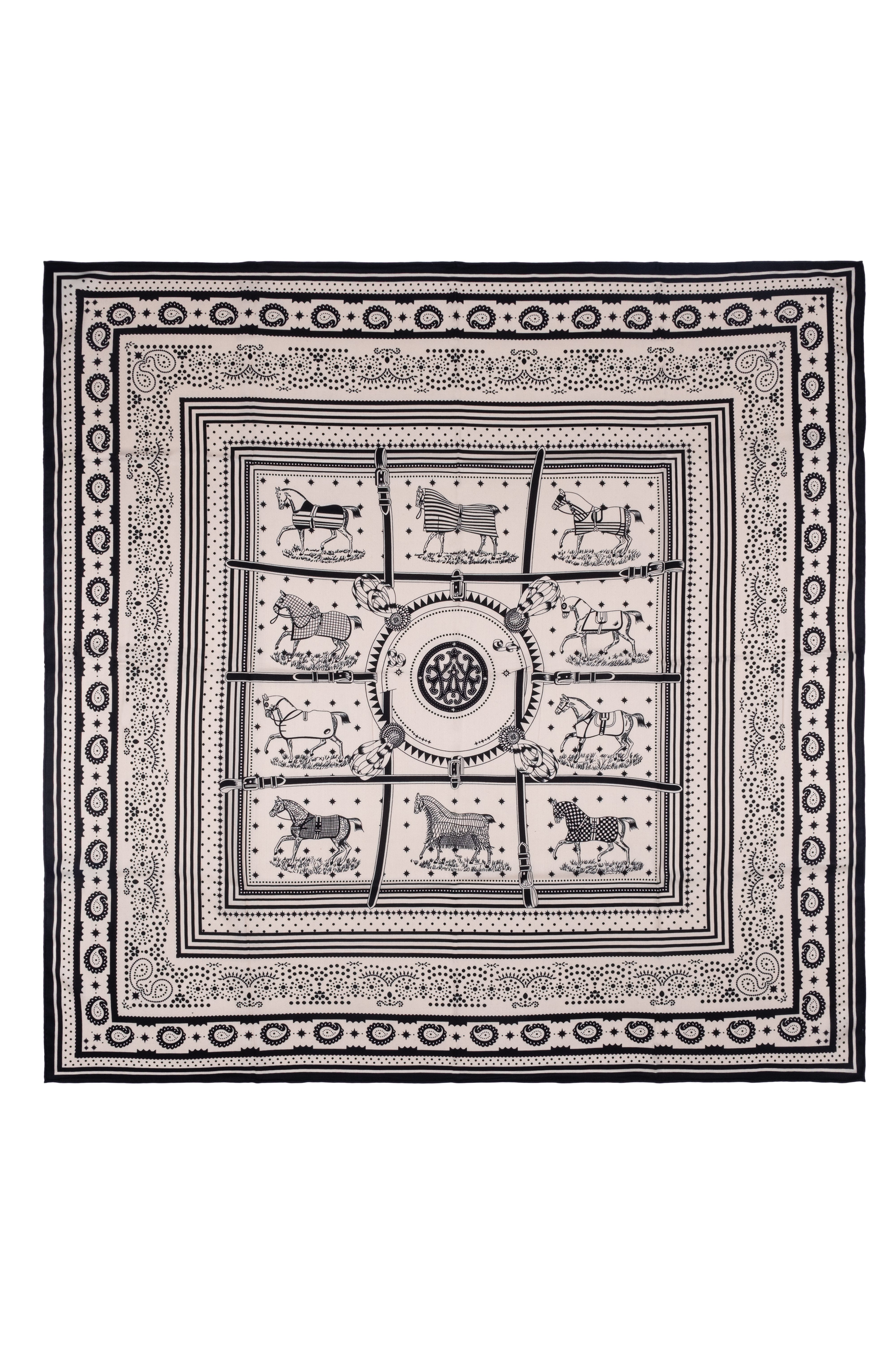 Lacivert Ekru Linda Saf Kaşmir Desenli Kare Eşarp 140x140 cm