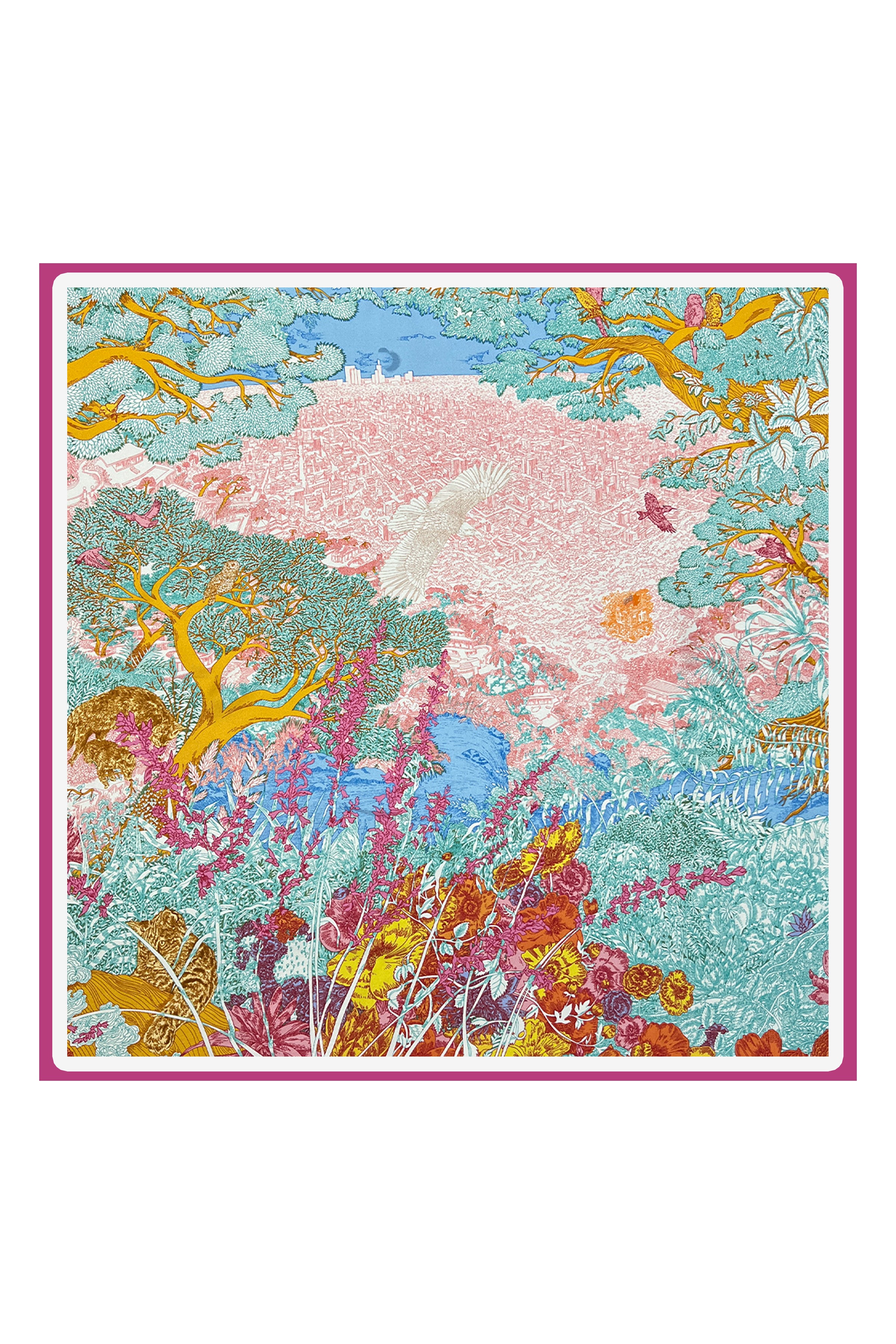 Fuşya Lena Saf İpek Roma Çift Taraflı Eşarp 70x70